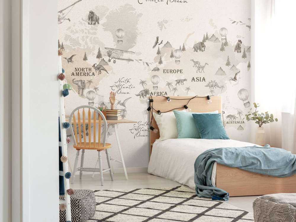 Wereldkaart met dino's off-white