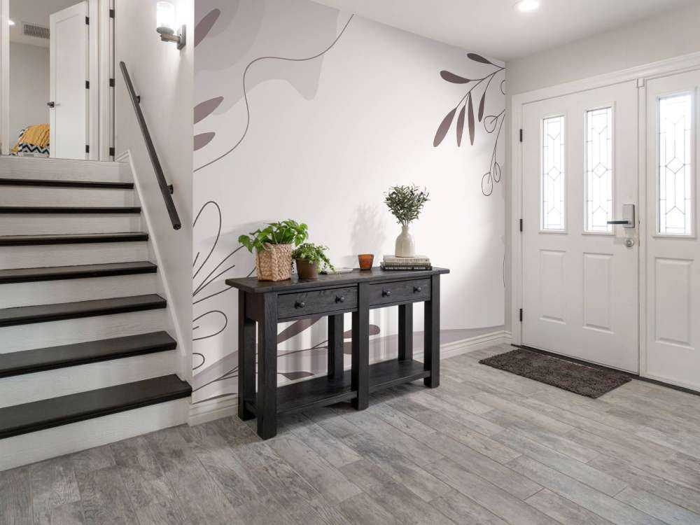 Paarse illustratie met planten en vormen