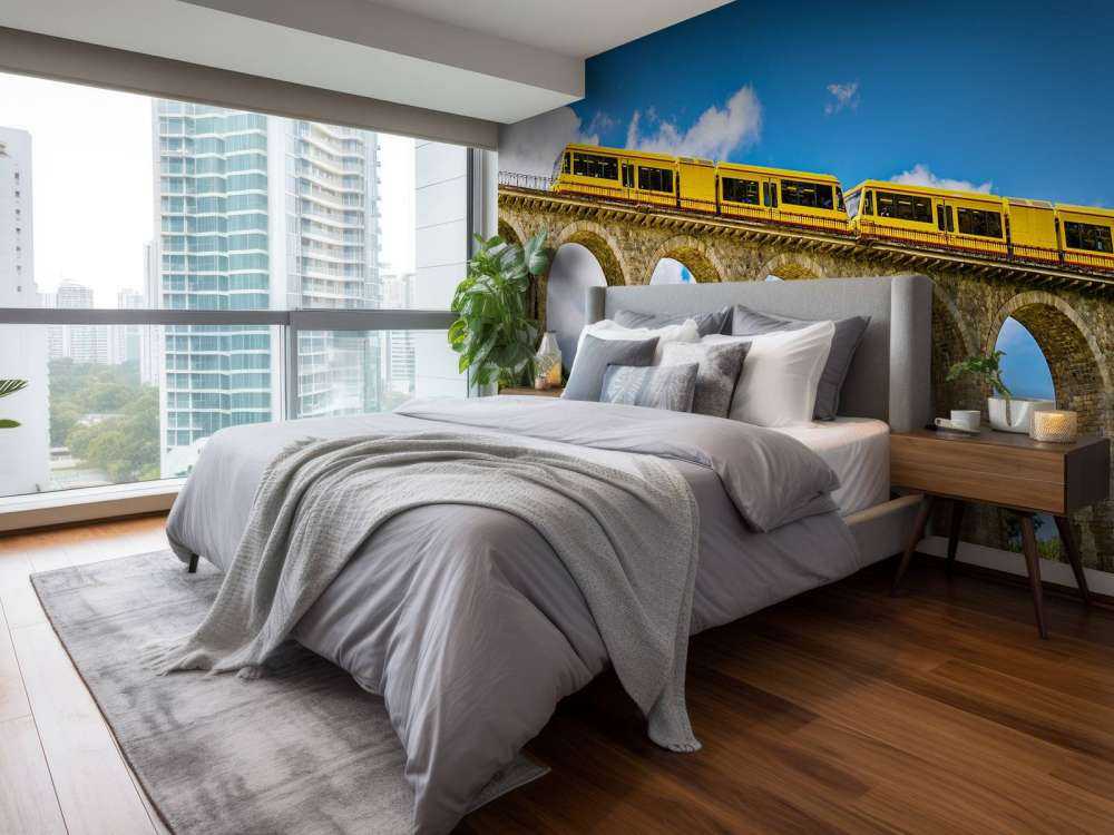 Gele trein op een viaduct in Frankrijk