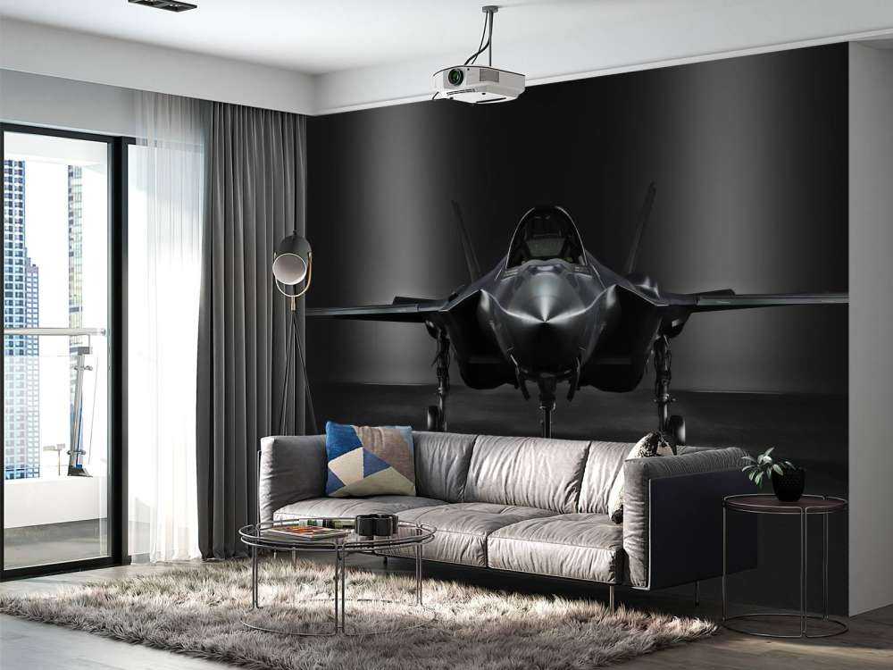 Zwarte F35 in een donkere ruimte