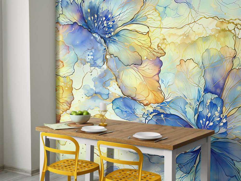 Aquarelbloemen in blauw en goud