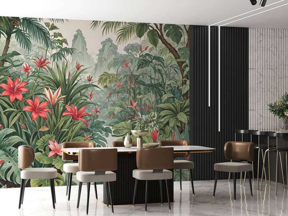 Tropisch leliebos in ochtendmist