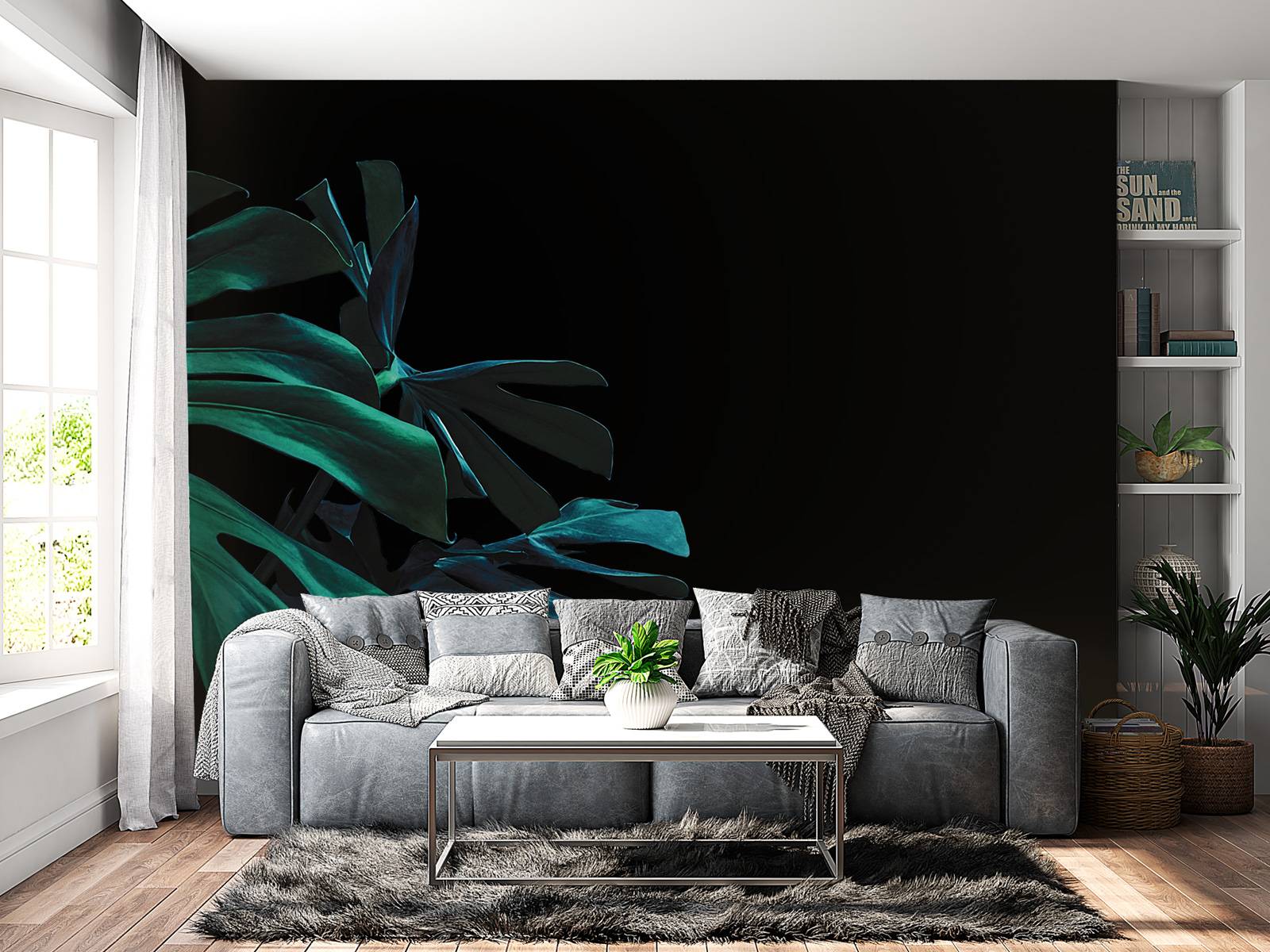 Tropische bladeren op zwarte achtergrond - Fotobehang, image size:1600x1200