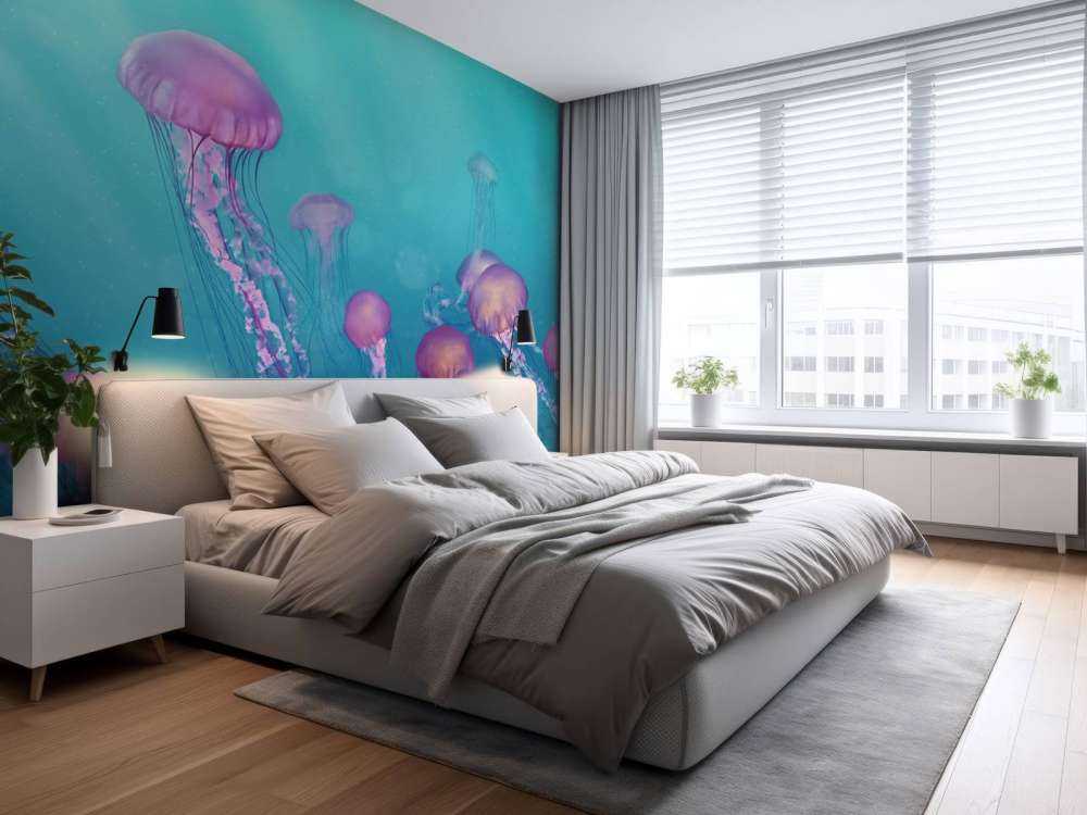Roze kwallen in blauwe zee