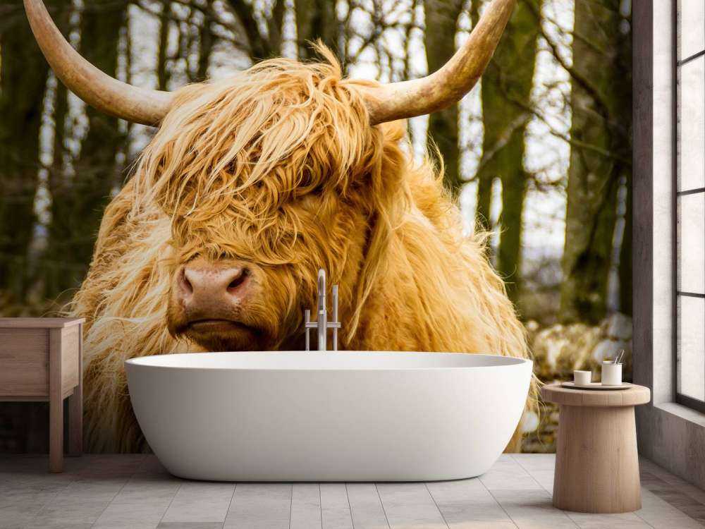 Schotse Hooglander met Bomen op achtergrond