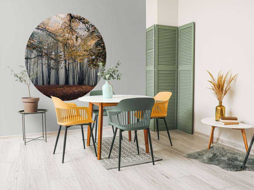 Mistig Herfst Bos met veel Bomen