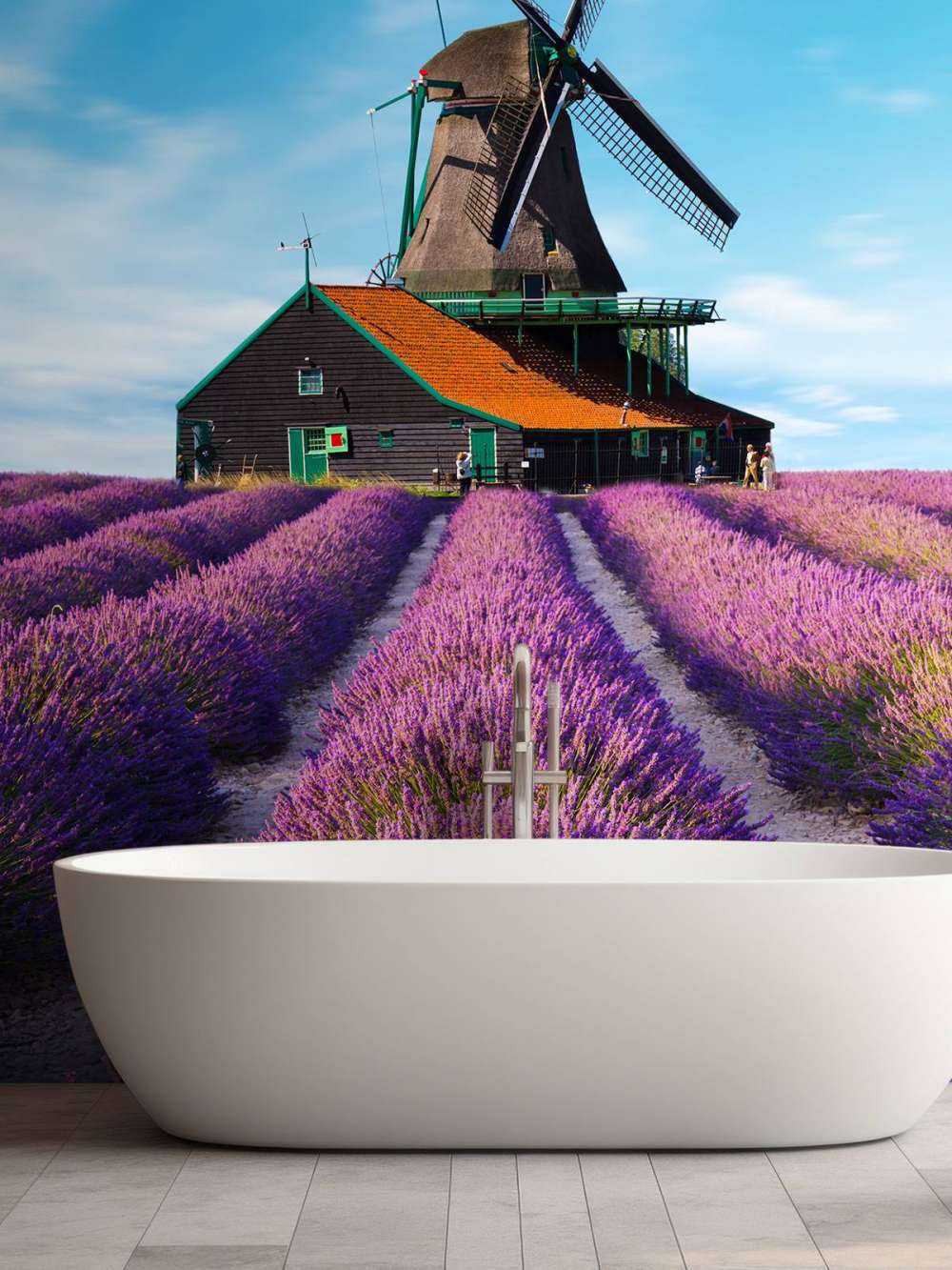 Lavendel veld met Windmolen op Achtergrond