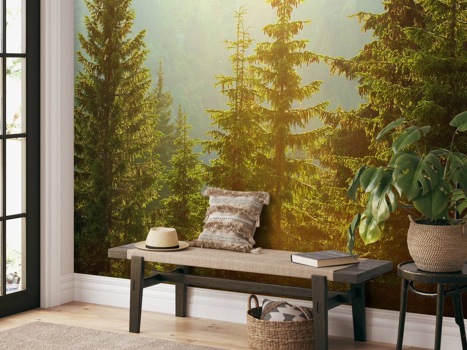 Berglandschap in de ochtend met hoge bomen