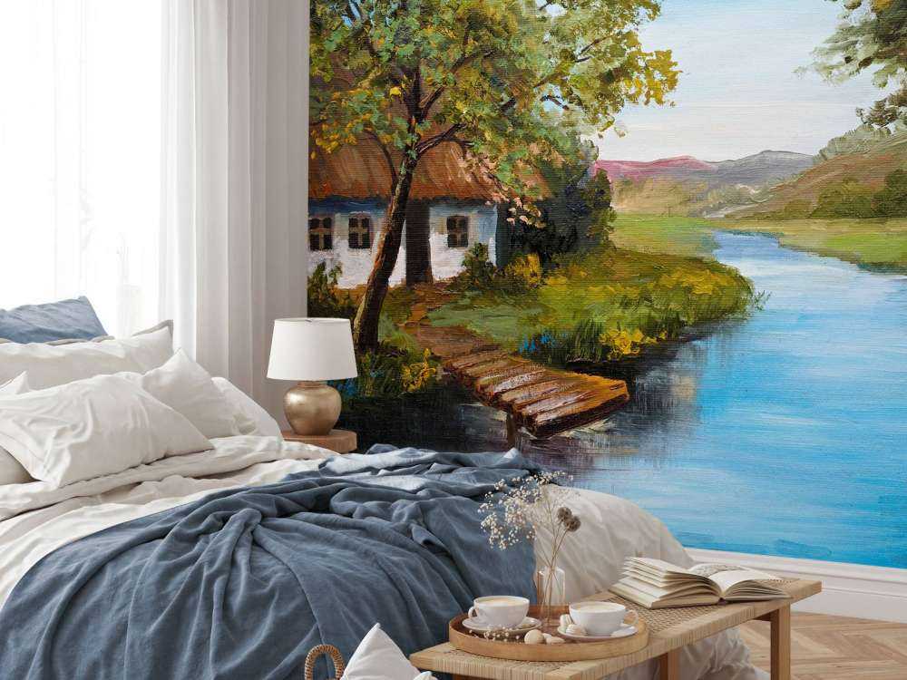 Boerderij met een zomers landschap schilderij