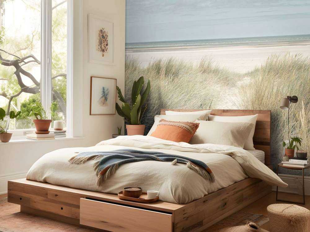 Grassy sand dunes on the sea coast under blue sky