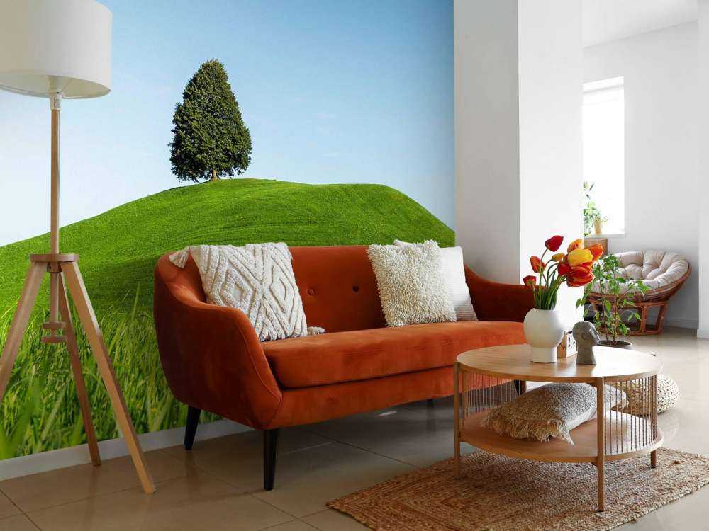 Eenzame boom op groene heuvel