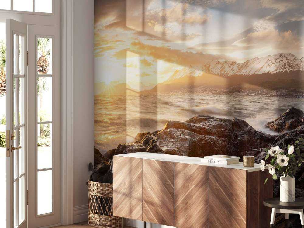 Gouden Zonsondergang Aan Bergkust