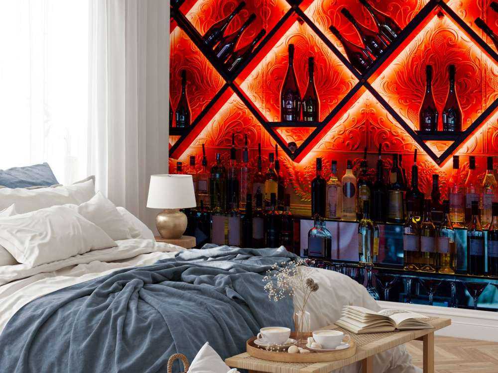 Verlichte bar met drankflessen