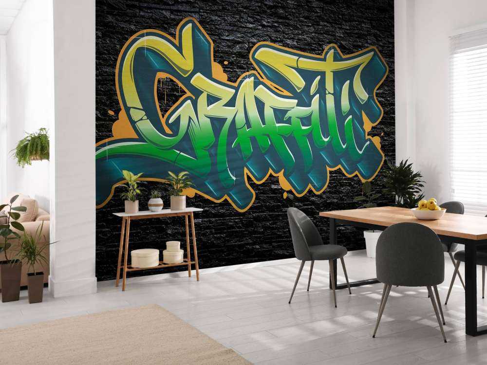 Graffiti op muur van zwarte stenen