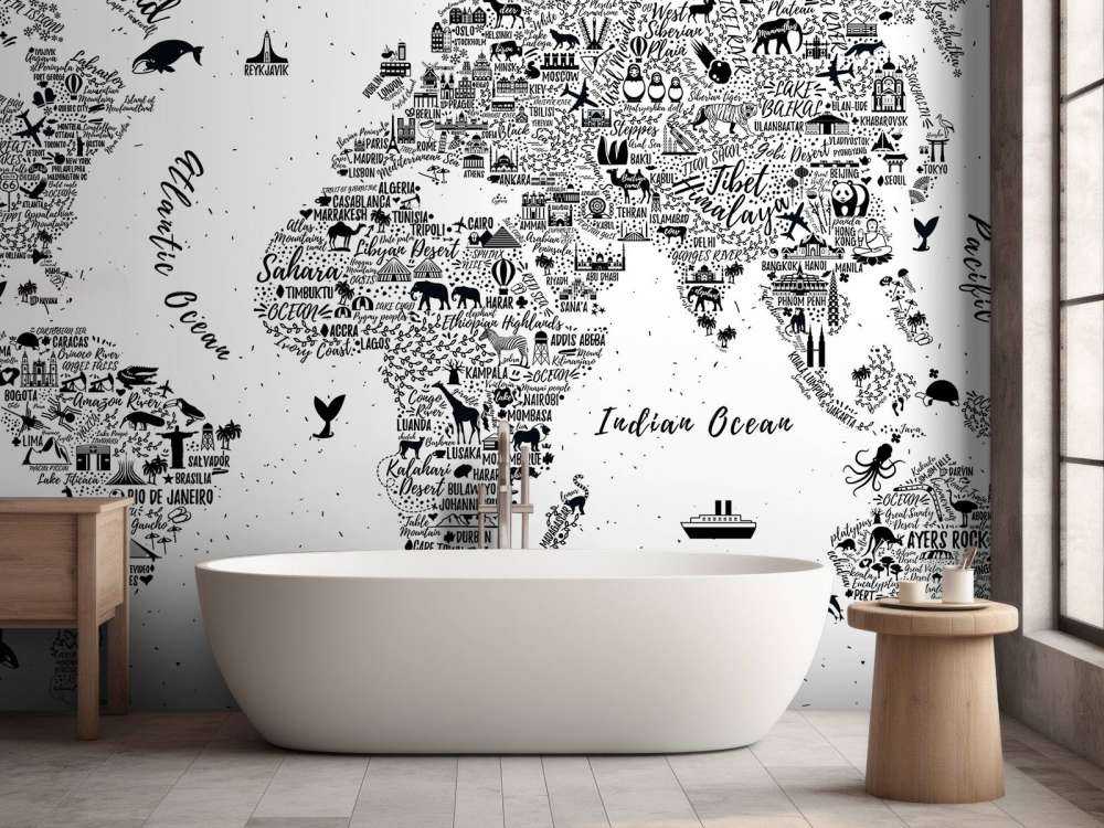 Wereldkaart in zwart-wit