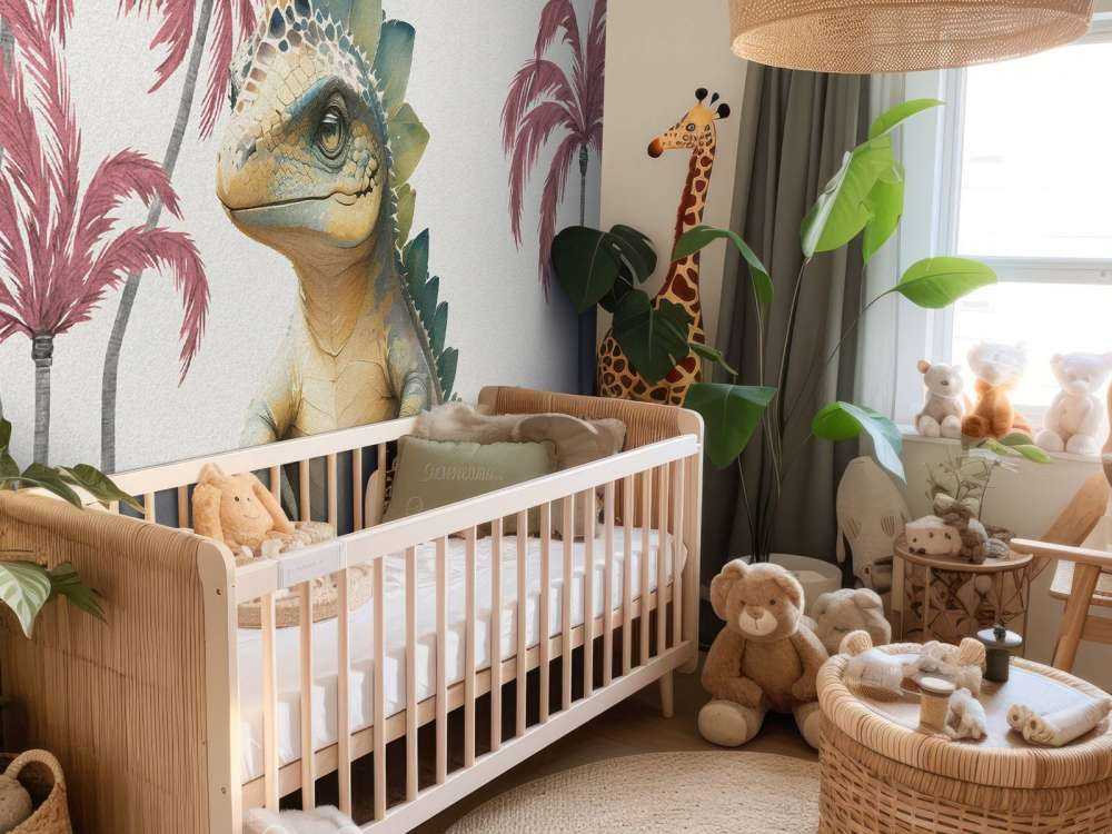 Baby stegosaurus in de jungle roze