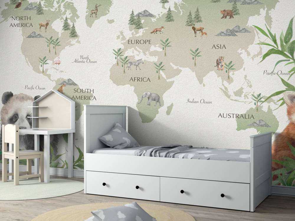 Wereldkaart met bamboe en panda's