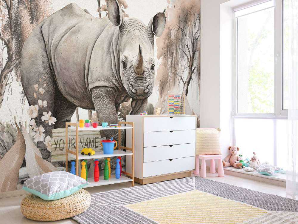 Baby neushoorn op de savanne taupe