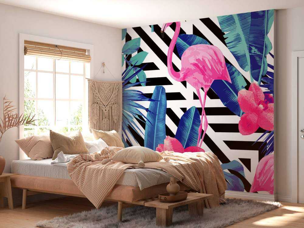 Flamingo print met witte en zwarte strepen