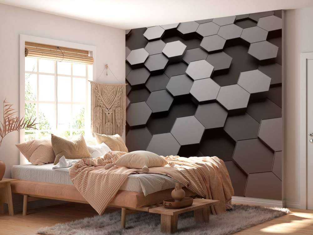 3D weergave van zeshoeken in zwart-wit