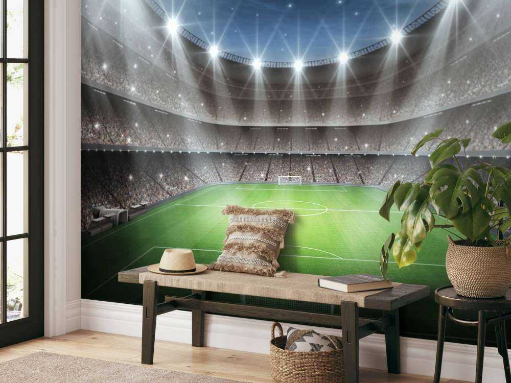 Verlicht voetbalstadion met sterrenhemel