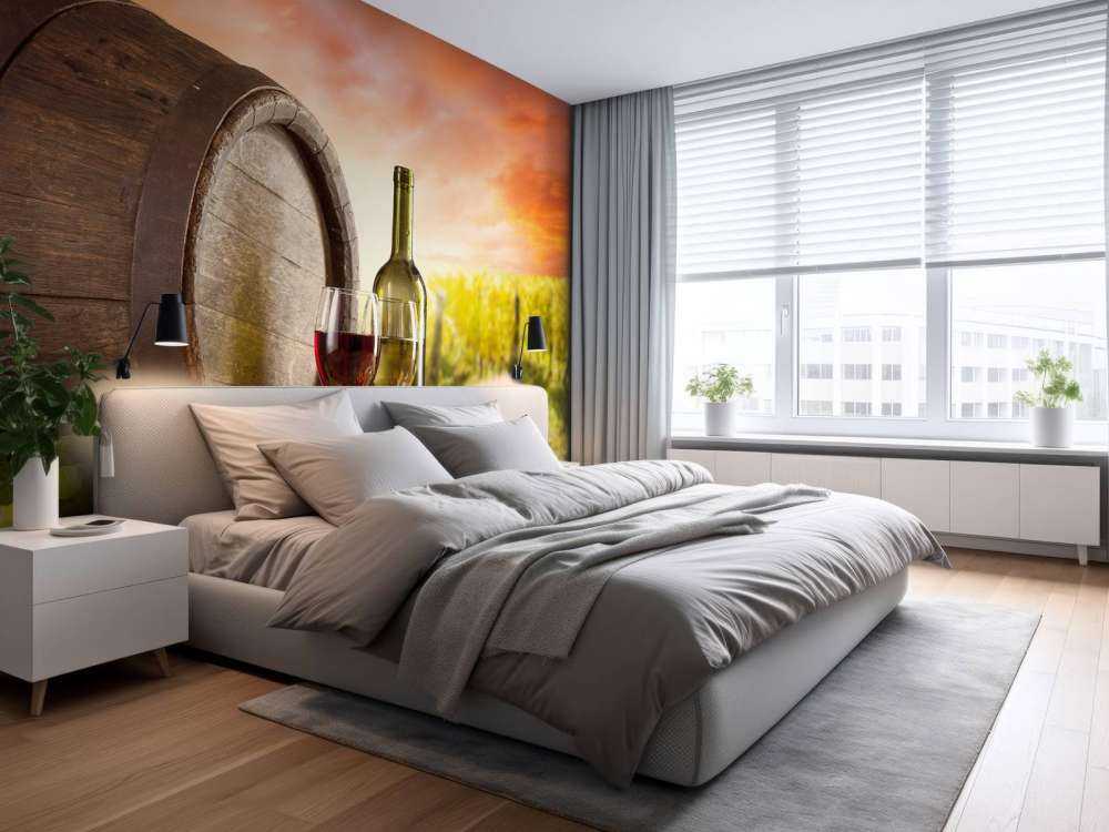 Wijngaard met wijn en kaas op de voorgrond