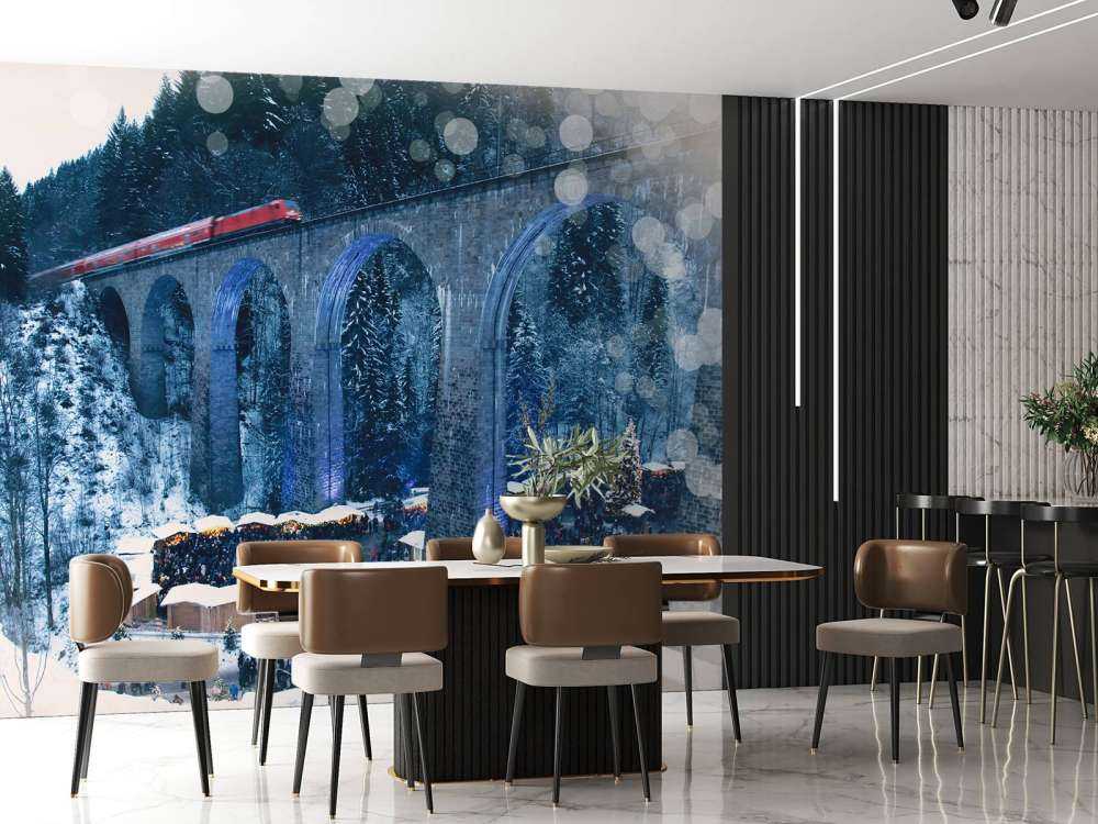 Rode trein boven een kerstmarkt