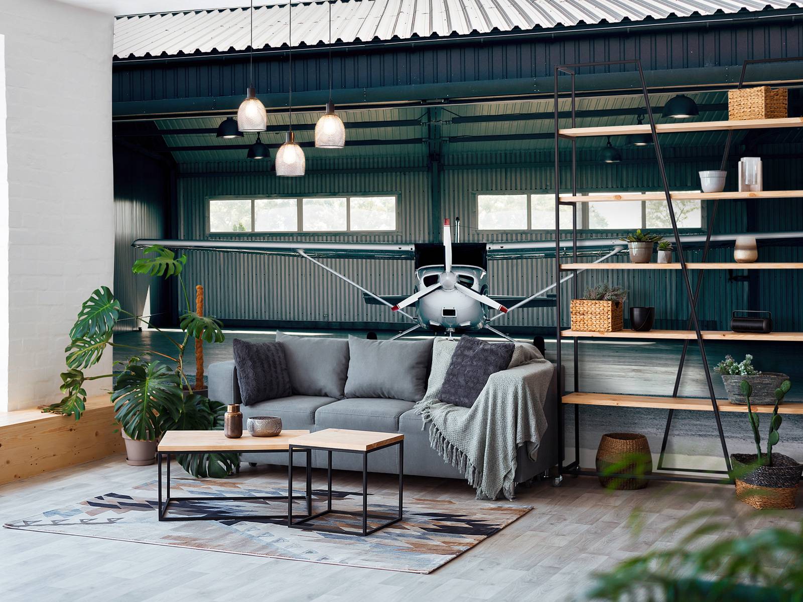 Vliegtuigje in hangar