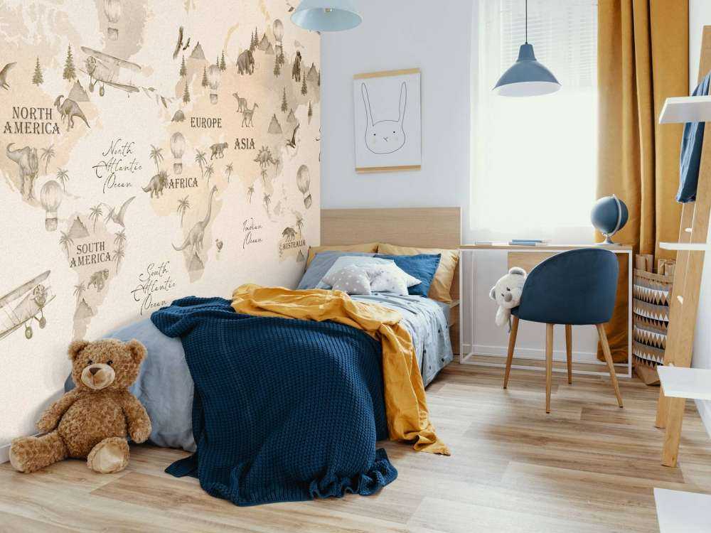 Wereldkaart met dino's beige