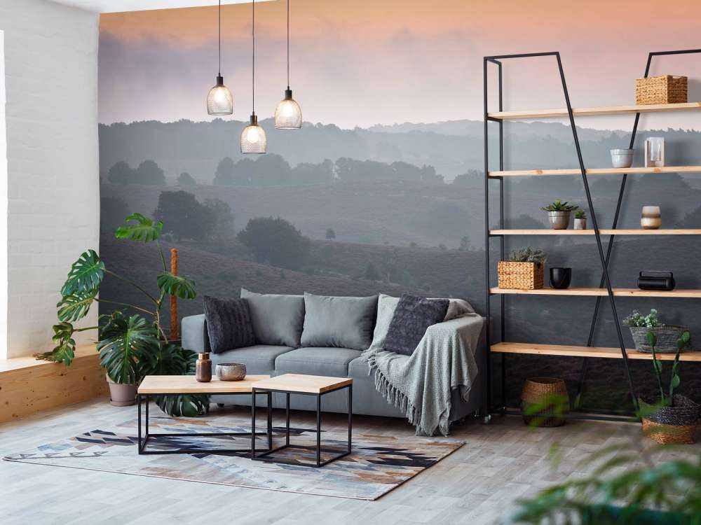 Mistige zonsopkomst op de heide