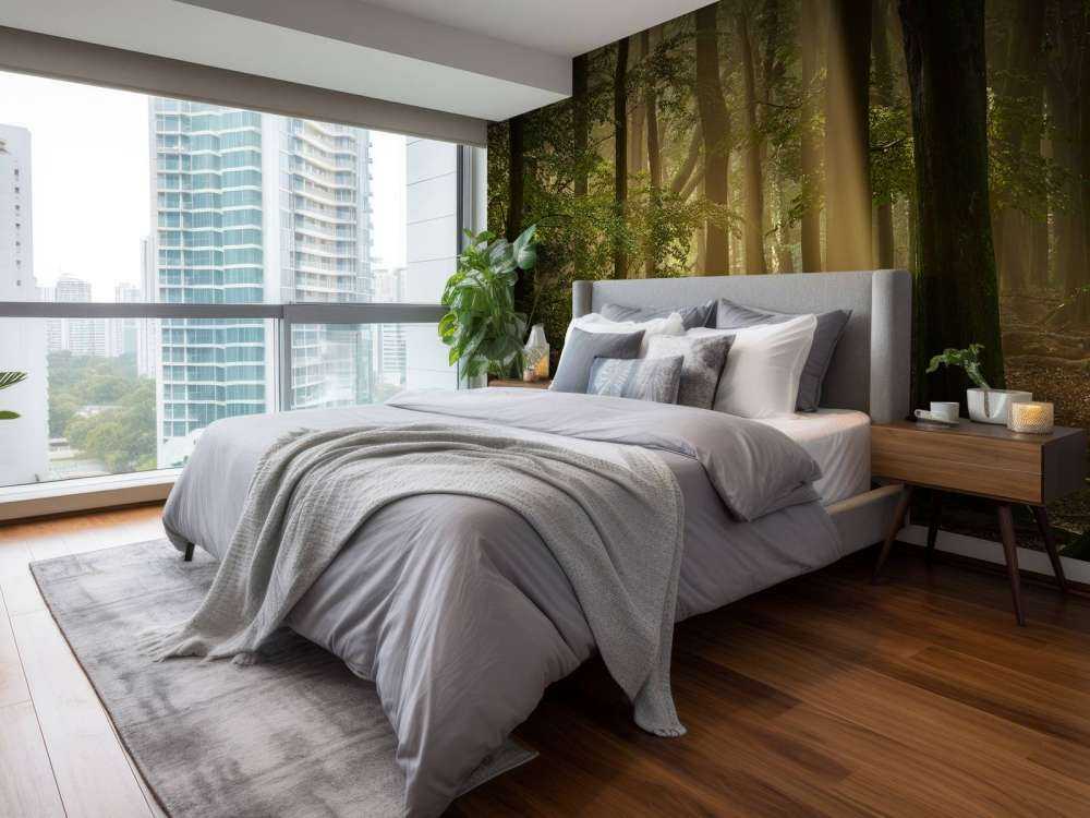 Oud bos met zonneharpen