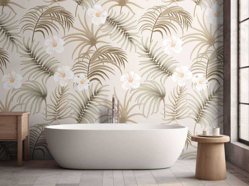 Palmboombladeren en bloemen