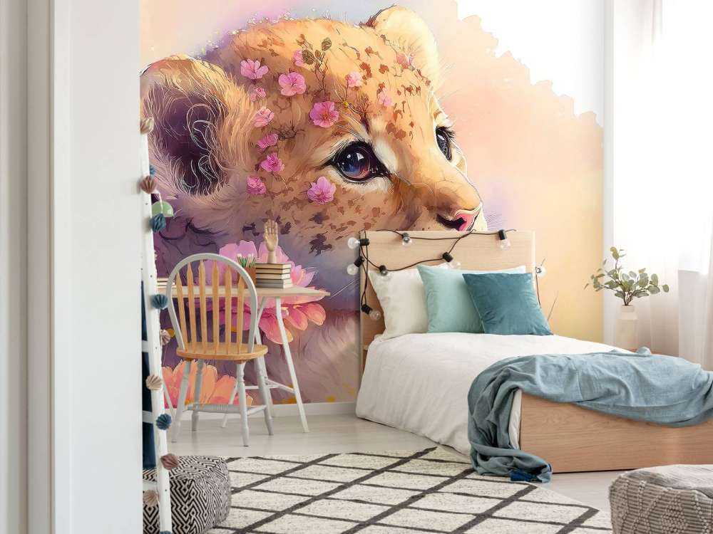 Dromerige welp tussen de bloemen