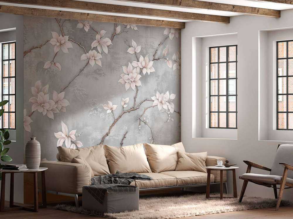 Witte magnoliatak op mistgrijs