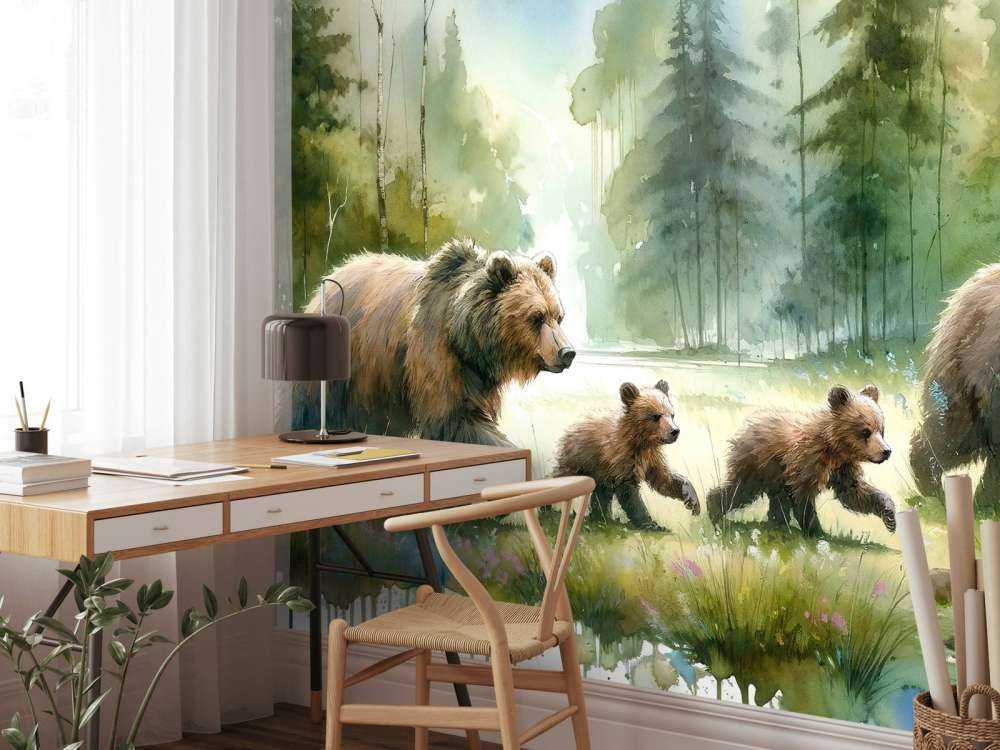 Watercolor Bear Family In The Forest