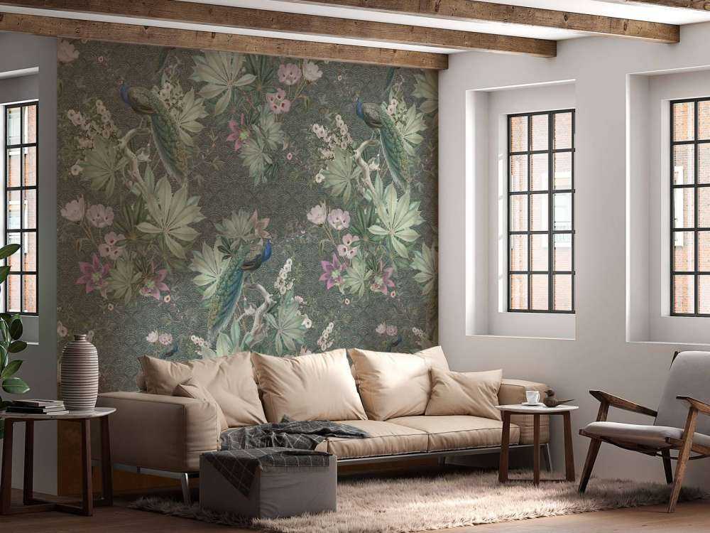 Vintage garden pauwen - donker groen