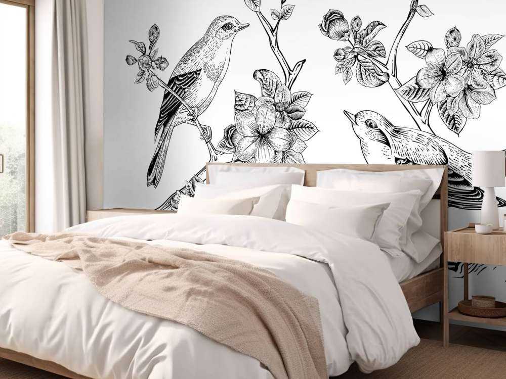 Tekening van vogels op een tak met appelbloesems