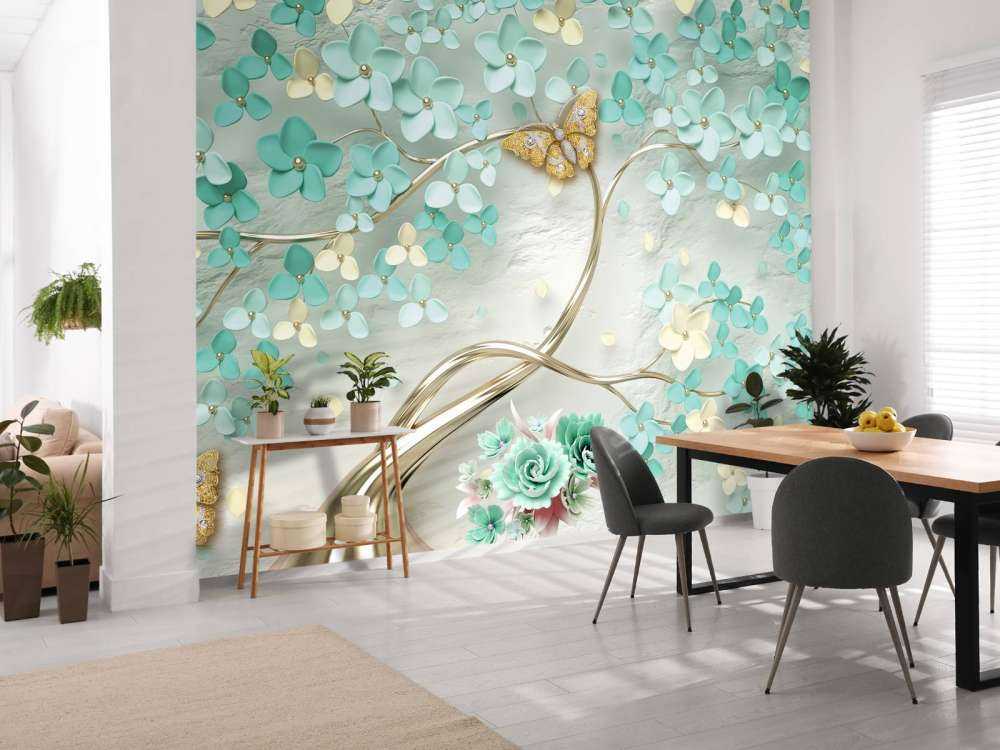 Gouden fantasieboom met groene bloemen