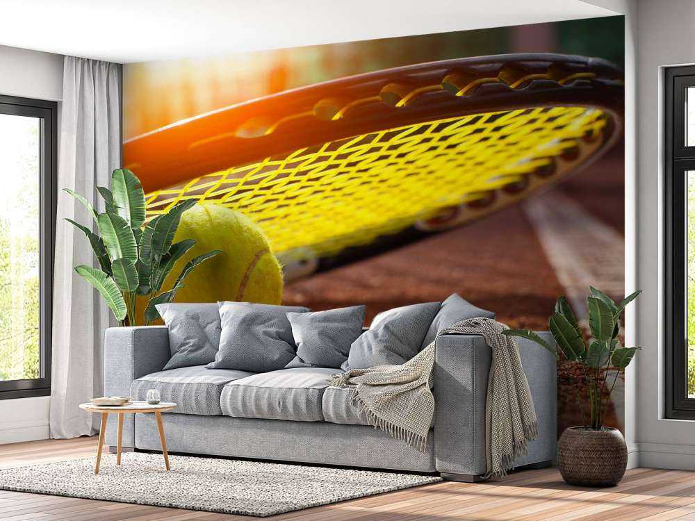 Tennisbal op een tennisbaan met zonlicht