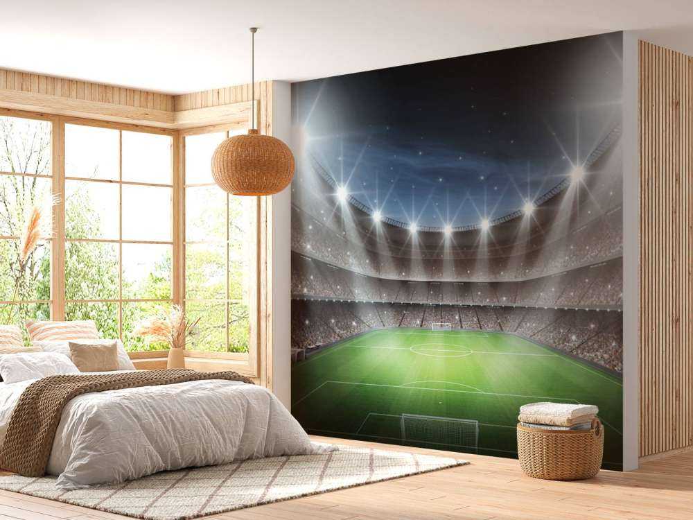 Verlicht voetbalstadion met sterrenhemel