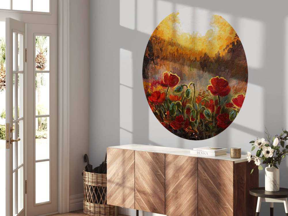 Olieverfschilderij van klaprozen bij zonsondergang