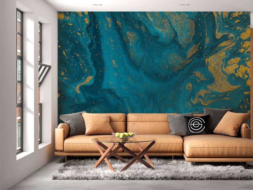 Blauwe verf met gouden glitter poeder