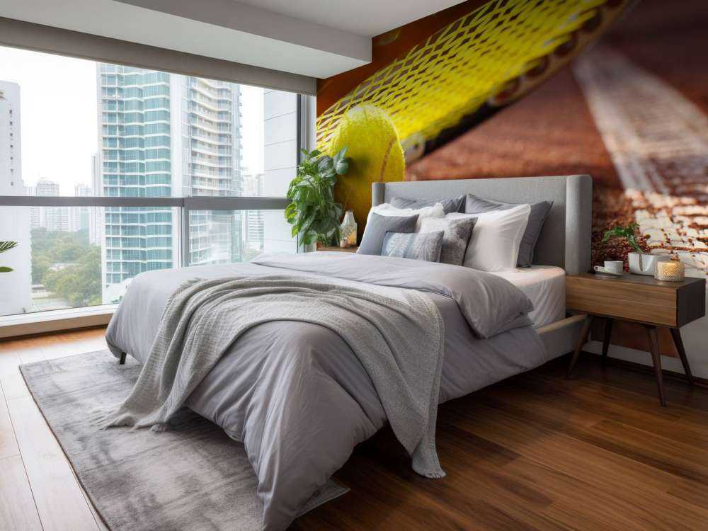 Tennisbal op een tennisbaan met zonlicht