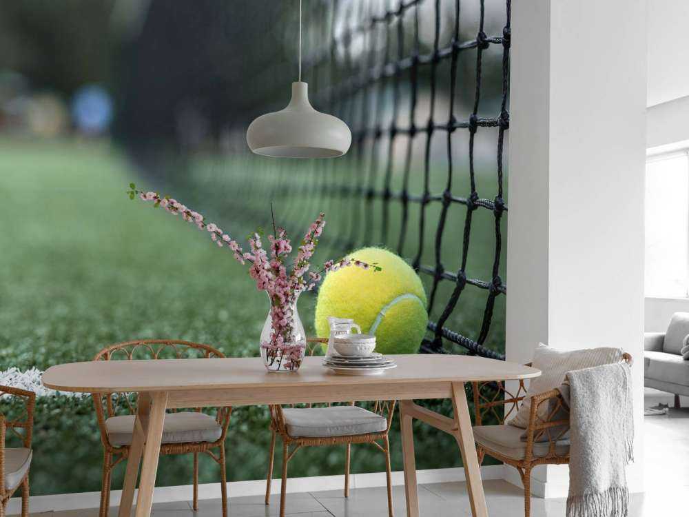 Gele tennisbal tegen het net aan