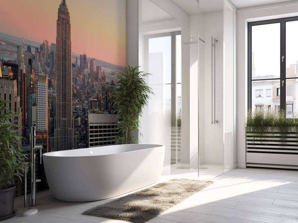 Een woonwijk met kantoorgebouwen op de achtergrond