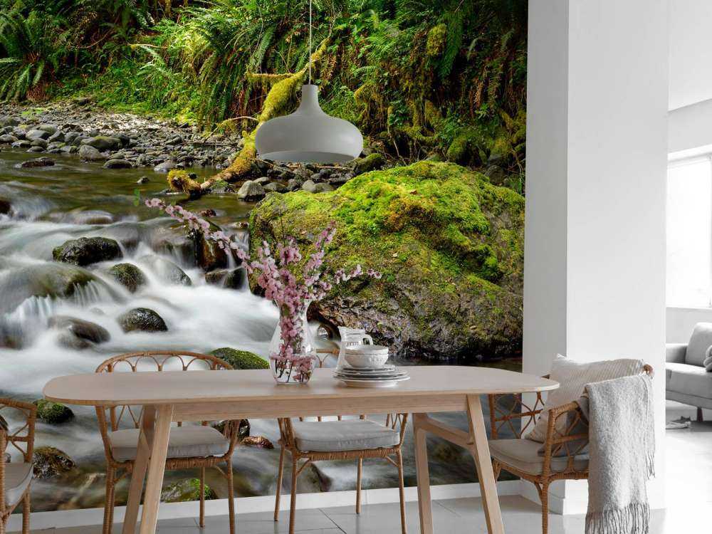 Groen rotsblok met riviertje