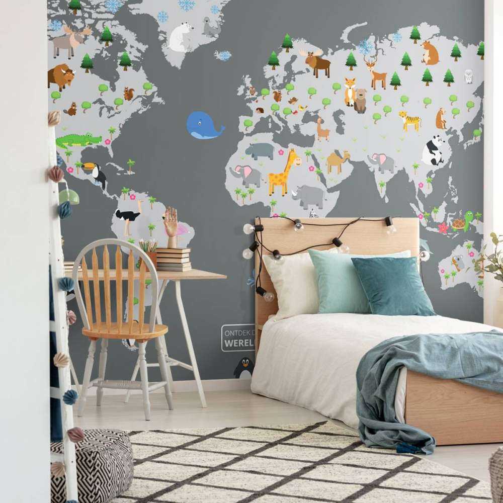 Wereldkaart voor kinderen met grijze achtergrond