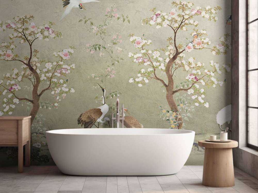 Bloeiende kersenbomen met kraanvogels