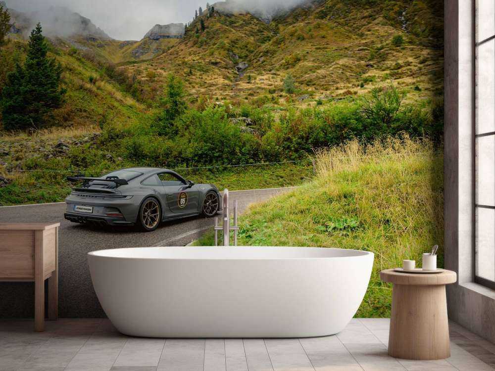 Sportwagen door bergmist