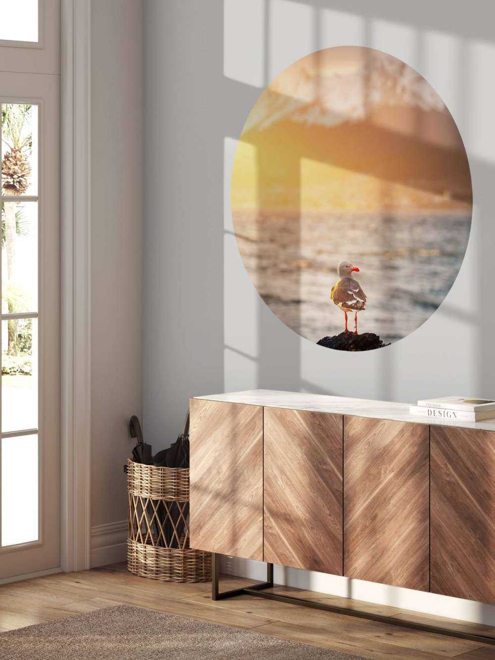 Meeuw bij zonsondergang aan fjord